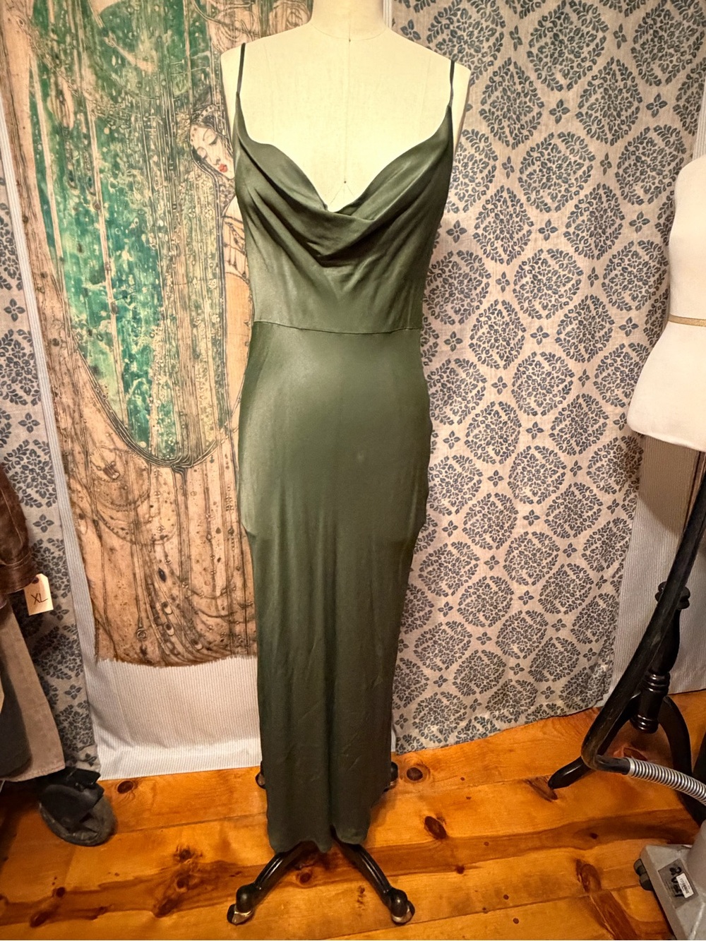 Anthropologie Olive Green Satin Cowl Slip Maxi Dress